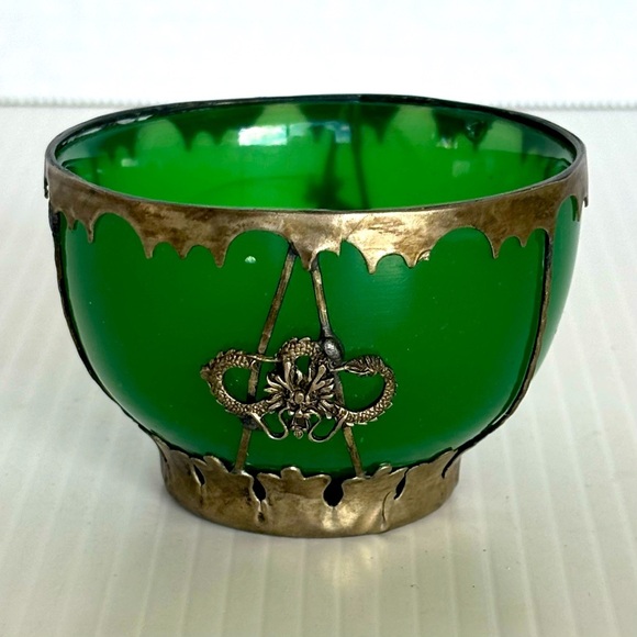 Other - Chinese Green jade colored glass Bowls Metal Mount with Dragon & Phoenix vintage
